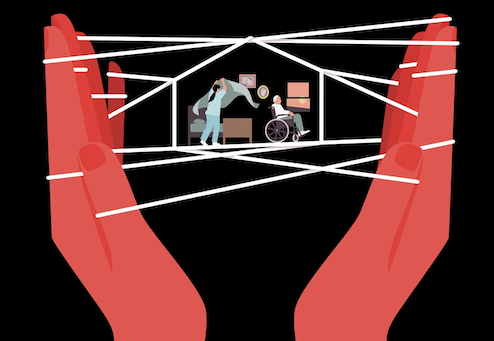 illustrated hands holding string with household inside
